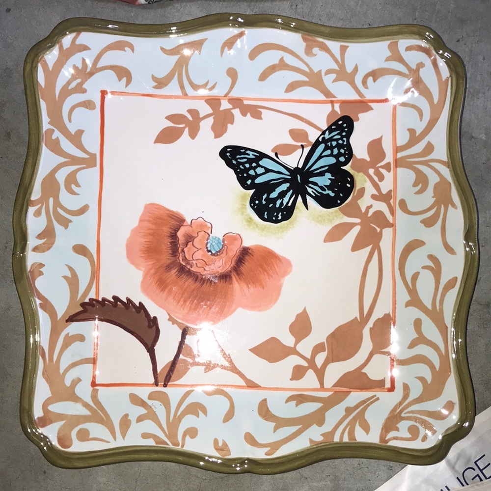 Decorative Floral Butterfly Square Platter in Peach and Aqua